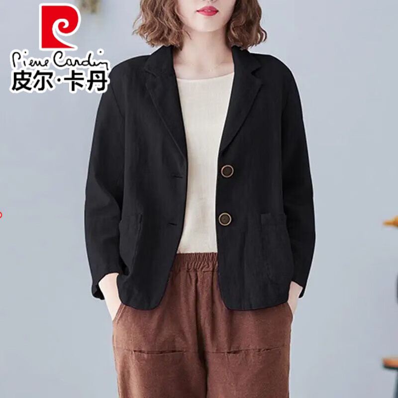 皮爾卡丹（pierre cardin）亞麻七分袖小西裝短款外套2025新款春夏寬松薄款棉麻小開衫上衣女 黑色 2XL 140-158斤