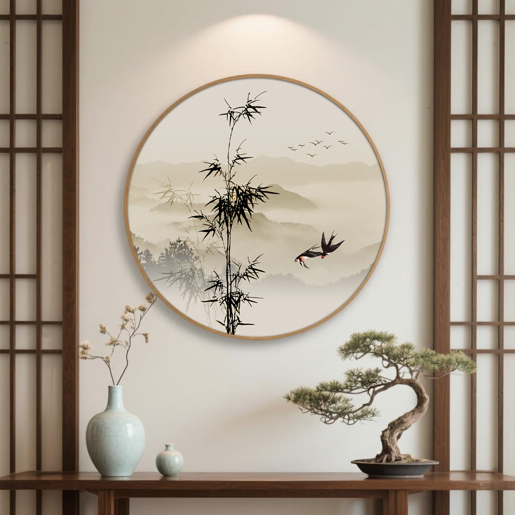 梓朗山水画靠山图玄关客厅装饰画新中式挂画圆形水墨画禅意中国风壁画