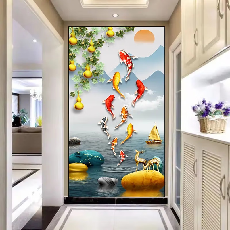 艾思尚玄关装饰画入户正对门自粘3d立体贴画走廊客厅高级感贴纸挂画壁画 32.九鱼招财 宽60cm-高120cm