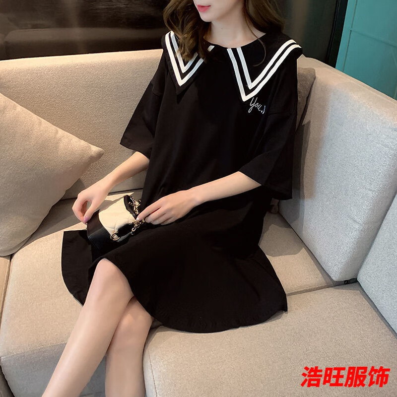 女娃娃领短袖t恤裙夏装文艺学生院风大码200斤半袖连衣裙子 黑色秒发