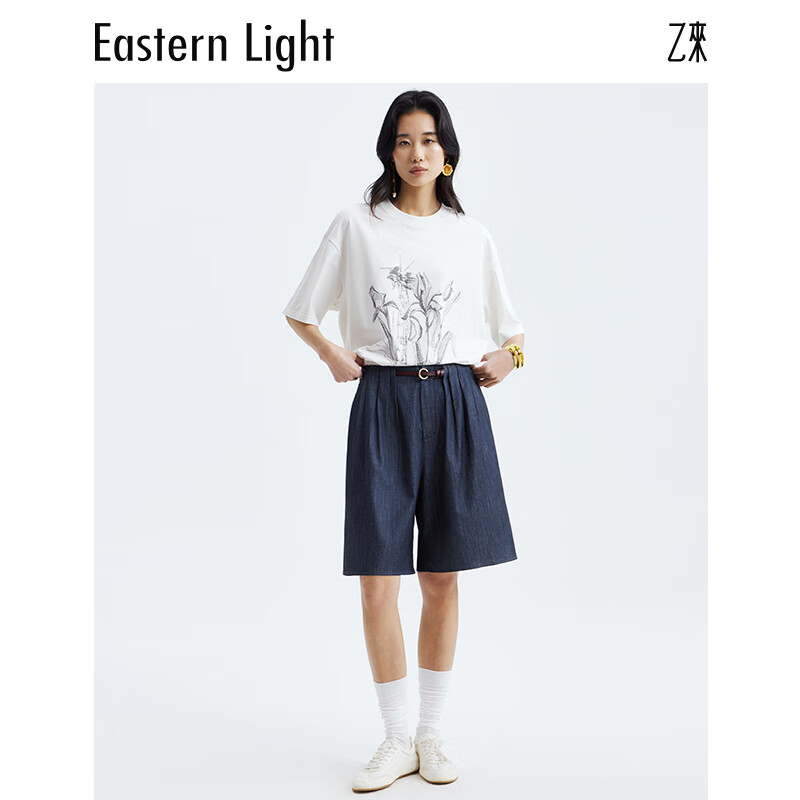 乙来（EASTERN LIGHT）2026夏季新款手绘鸢尾印花短袖T恤女装上衣显瘦潮流可外穿气质 纯净白 S