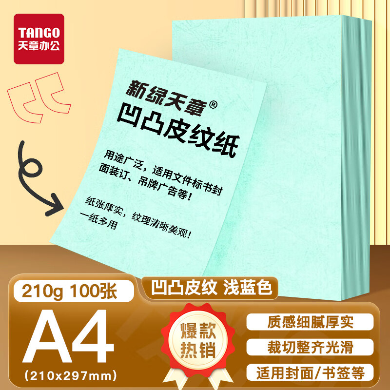 天章 （TANGO）卡纸A4双面凹凸皮纹纸打印纸210g浅蓝色压纹纸云彩纸封皮纸彩色卡纸商务标书装订硬厚卡纸100张/包