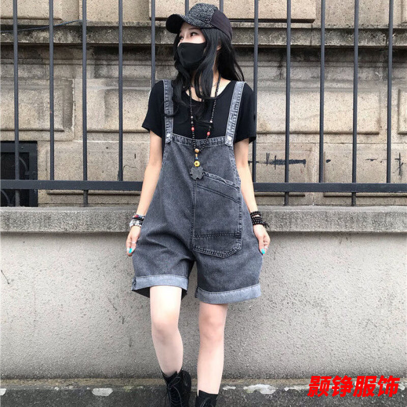 事思?xì)W貨夏季新款大碼休閑水洗牛仔復(fù)古顯瘦高腰時(shí)尚背帶褲短褲潮 復(fù)古黑背帶褲版 S