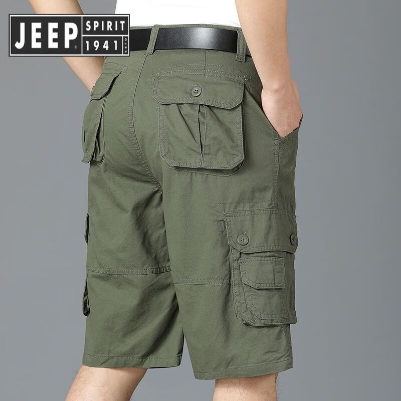 JEEP SPIRIT吉普高端純棉五分褲男士短褲多口袋軍工褲中青年大碼寬松直筒休閑 五分褲軍綠色 31 腰圍2尺4適合115-125斤