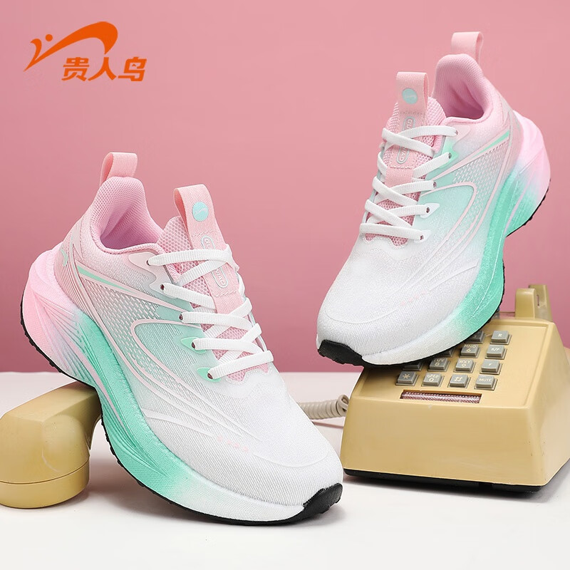 贵人鸟官方正品运动女鞋2025秋季新款情侣轻便跑步鞋户外休闲慢跑鞋女 白/粉（女款） 38