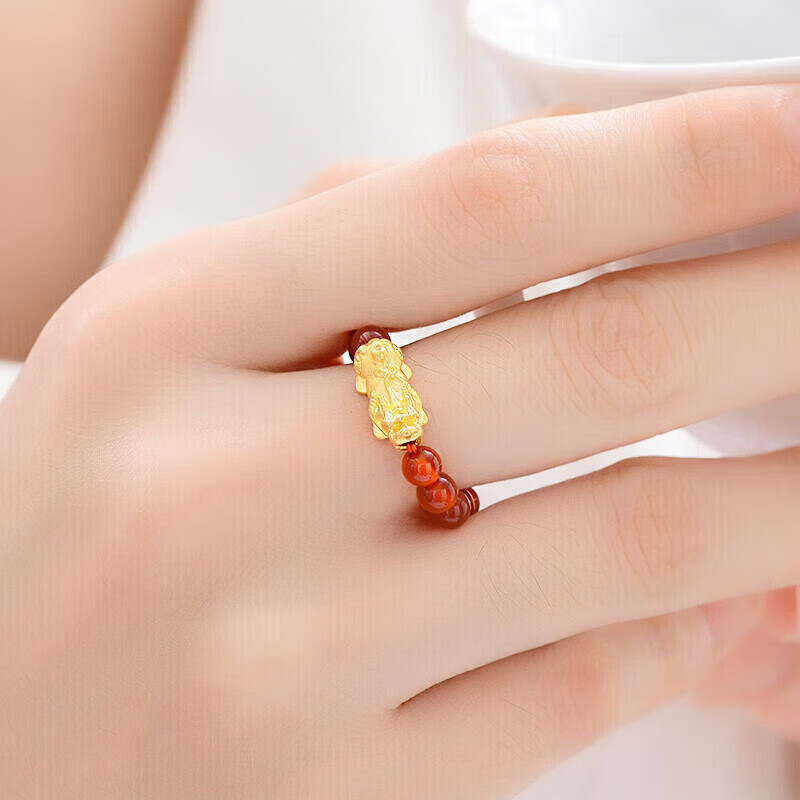 足金招财貔貅黄金戒指女3d硬金转运珠红玛瑙指环女友老婆