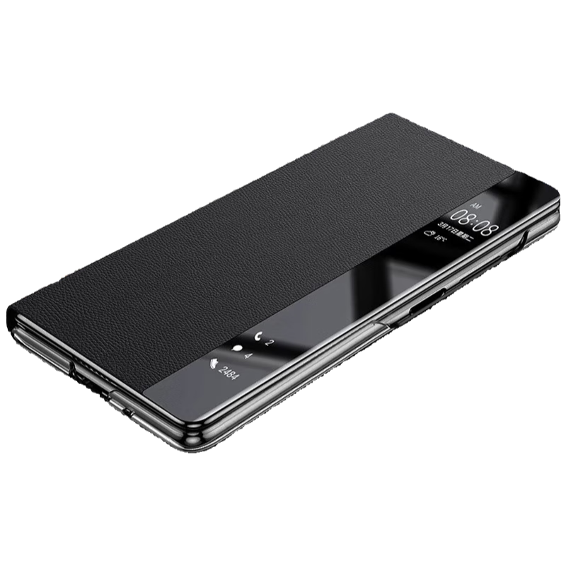 韩诺适用华为x6手机壳新款mateX6典藏版先锋版折叠屏商务防摔真素皮智能视窗翻盖皮套 曜石黑