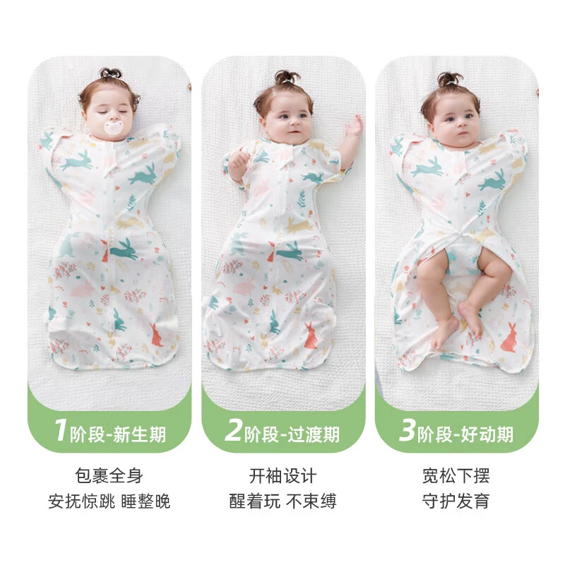 安舒棉防惊跳睡袋新生儿婴儿四季通用襁褓式睡袋儿童投降式防踢被 蘑菇兔（四季双层）室温15-25℃ M【适合体重8-15斤】