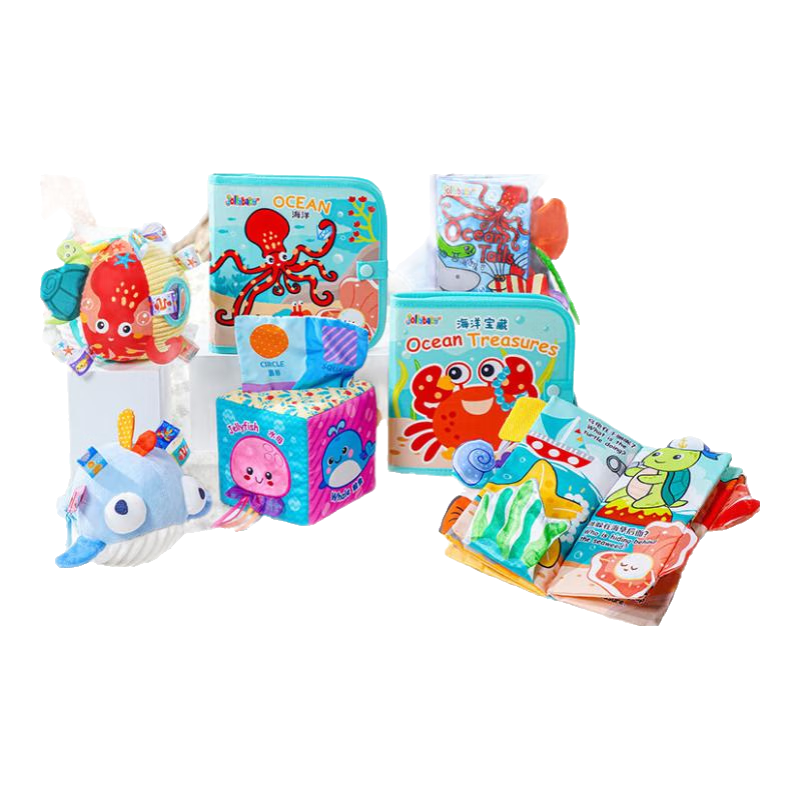 jollybaby【海洋早教八件套】布書手抓球安撫掛件跳跳球 0-3 歲益智玩具 大眼萌音樂(lè)跳跳球一海龜 海洋主題