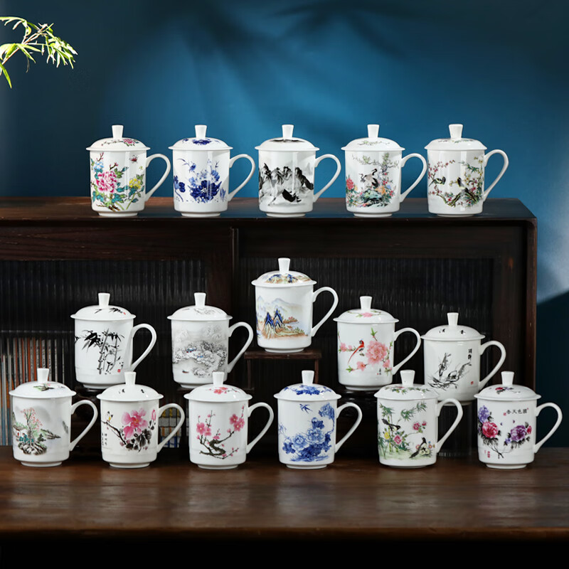 青花杯景德镇陶瓷茶杯带盖青花瓷器办公室会议杯礼品 雪景 500ml