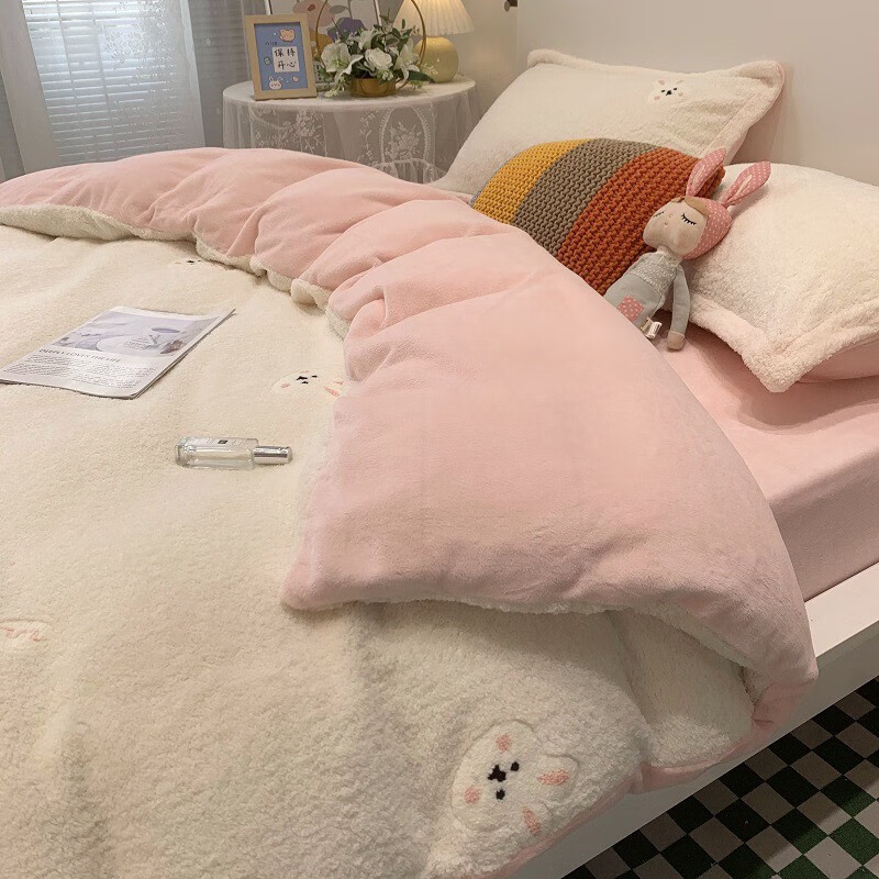 加厚保暖卡通刺繡兔兔絨泰迪絨四件套牛奶絨寶寶絨天鵝絨床上用品 泰迪絨 白小兔.YM 1.0米床單款(被套150*200)三件