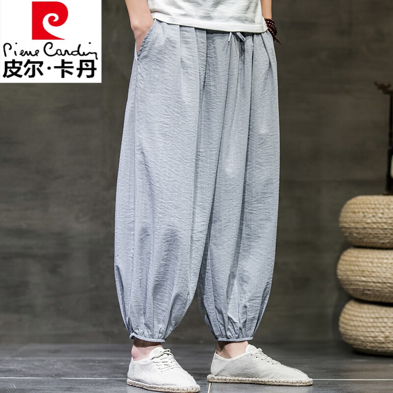 皮爾卡丹（pierre cardin）夏季薄款亞麻九分褲寬松闊腿燈籠褲棉麻休閑運(yùn)動褲大碼束腳冰絲褲 灰色 M 建議95-120斤