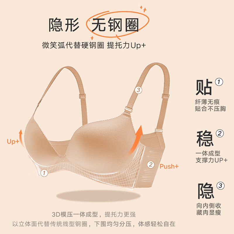 曼妮芬微笑撑光面内衣小胸聚拢无钢圈软支撑文胸无痕内衣 肤色(经典款) 75B