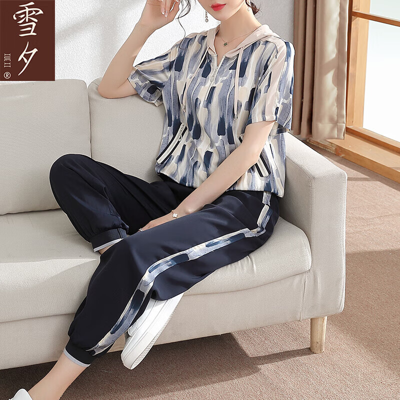 雪夕（XUEXI）媽媽夏裝新款洋氣運(yùn)動(dòng)套裝中年女雪紡上衣中老年40歲50闊太太短袖