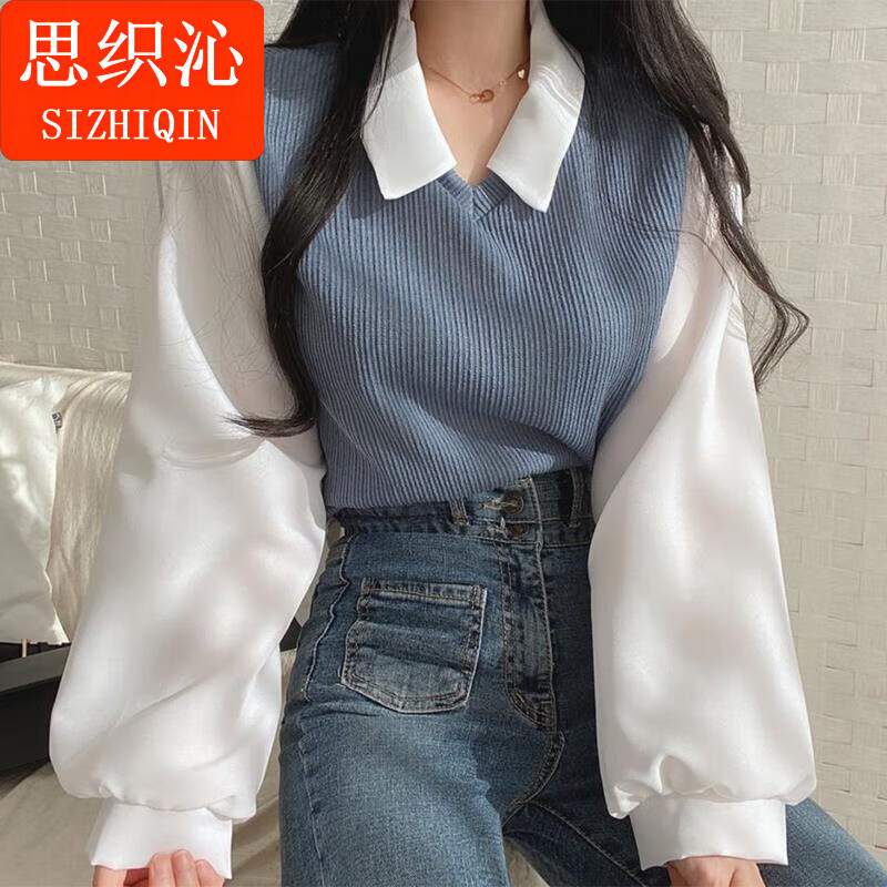 思织沁长袖T恤条纹假两件POLO领复古拼接螺纹卫衣女宽松高街翻领上衣 杏色 M