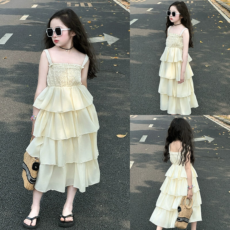 女童裙子高级感夏2025新款女大童夏季洋气吊带裙夏装连衣裙公主裙 杏色 150