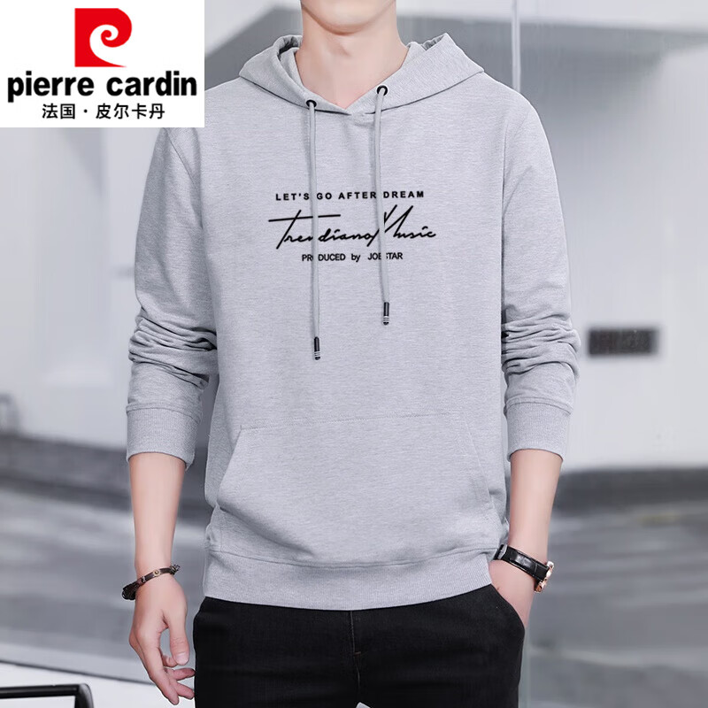 皮爾卡丹（pierre cardin）春季薄款連帽衛(wèi)衣男純棉休閑套頭帶帽寬松青年長(zhǎng)袖運(yùn)動(dòng)流行 KM淺灰色 L 建議120-135斤