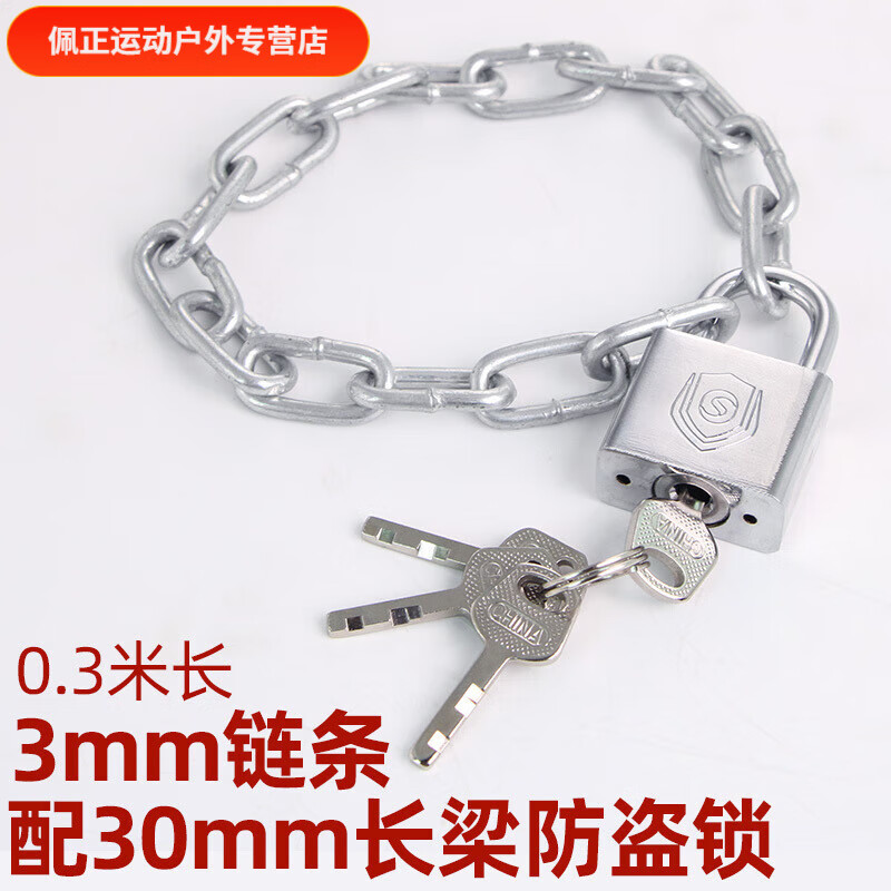 美克杰鋼鏈鎖電車鎖大門長條鎖具防剪防盜鏈條鎖安全鎖鐵鎖鏈玻璃門鎖子 0.3米長小鏈條+【掛鎖】