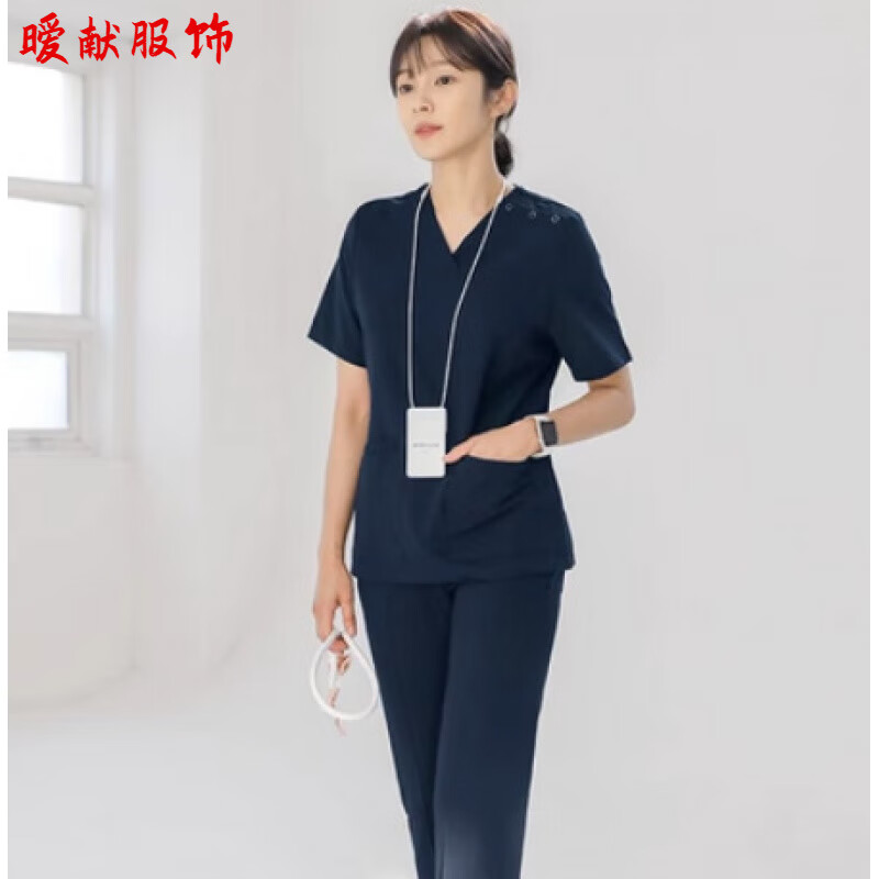 曖獻韓版洗手衣短袖速干彈力醫(yī)生刷手服醫(yī)美牙科口腔手術(shù)室護士工作服 藏藍短袖套裝女款 M