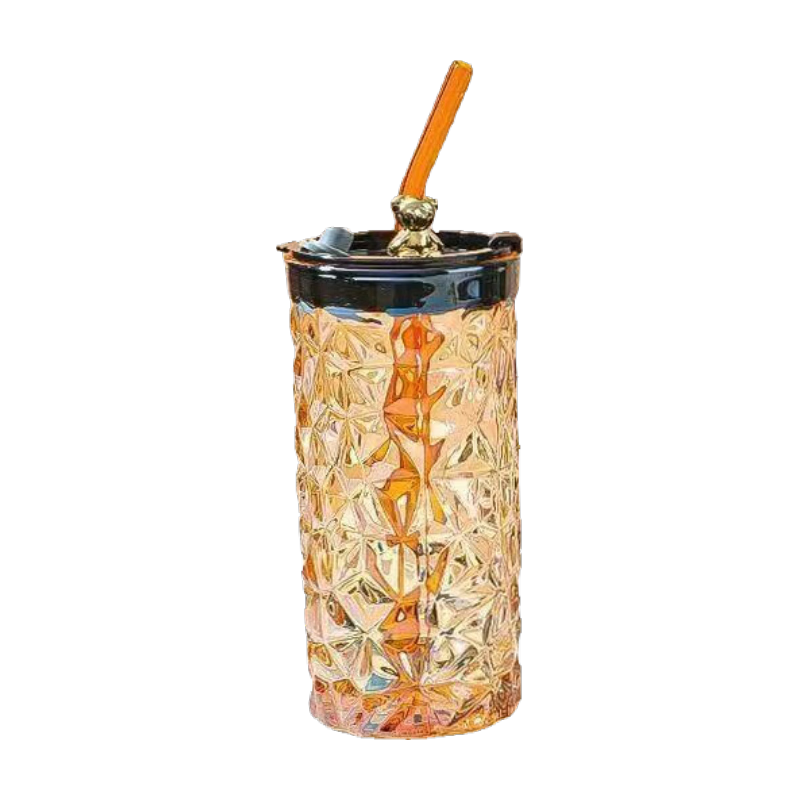 玻璃吸管水杯新款高颜值小熊吸管杯办公室家用钻石杯可爱创意杯子 钻石小熊【茶色】 330ml