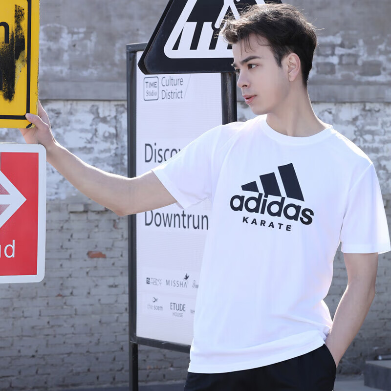 adidas短袖男户外休闲透气运动服健身运动速干T恤 白/黑（空手道） M 
