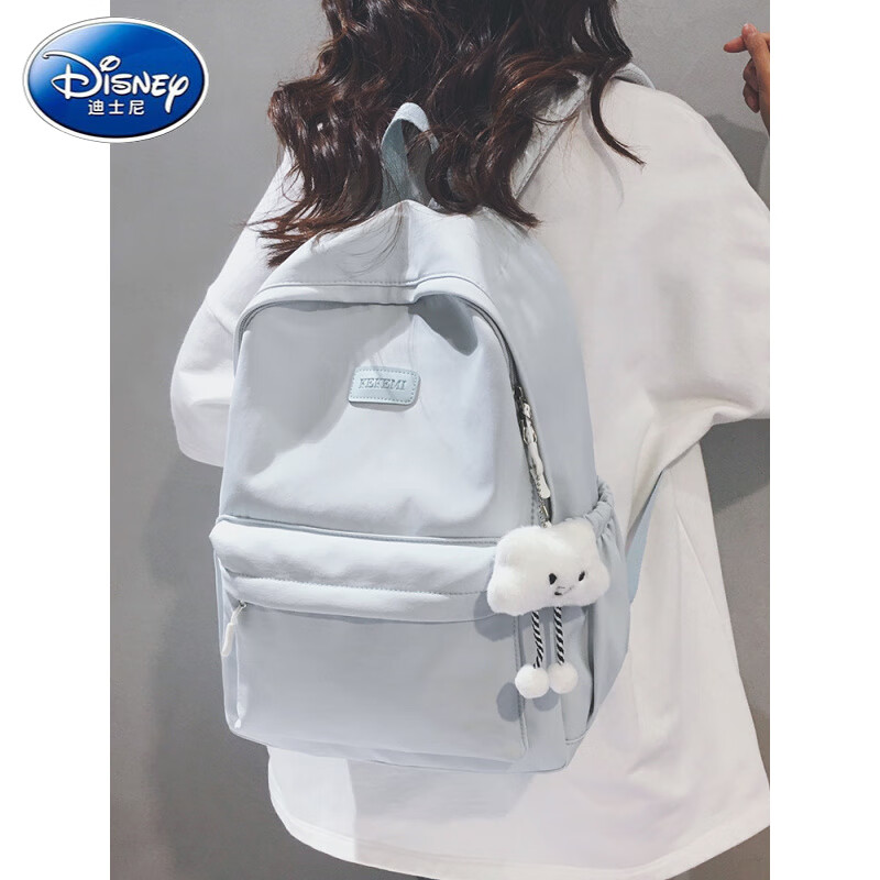 迪士尼（Disney）简约韩版森系初高中大学生书包女2025春新款休闲通勤旅行电脑背包 浅蓝色【带挂饰】 京东折扣/优惠券