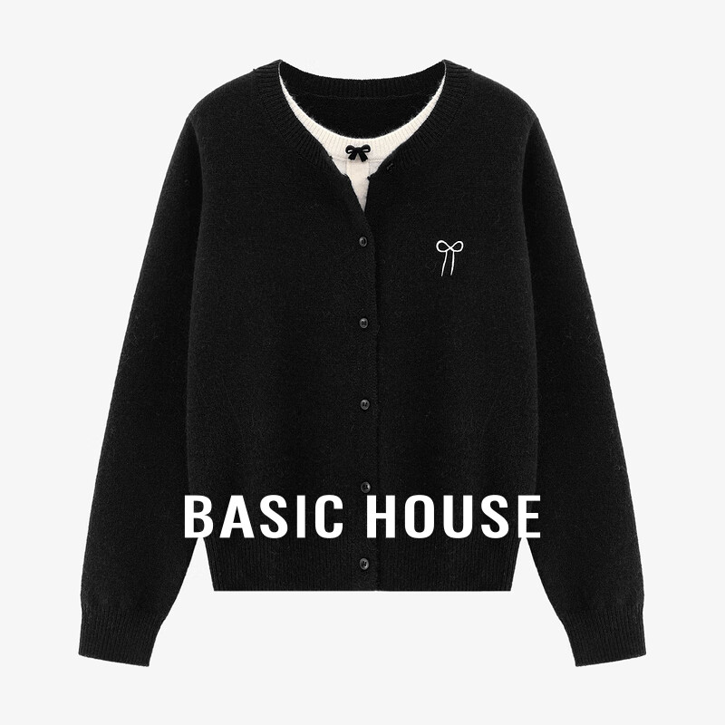 Basic House/百家好温柔风假两件针织开衫春季新款蝴蝶结软糯上衣 黑色 L