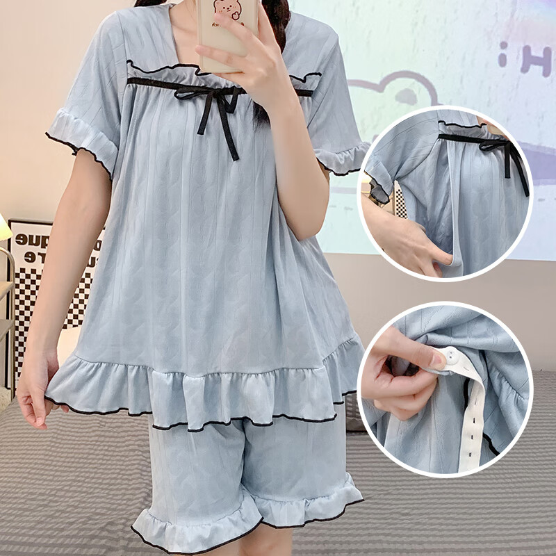 爱菲莹月子服夏季哺乳睡衣服哺乳孕妇睡衣女短袖套装怀孕期喂奶家居服产 DS7058浅蓝冰丝棉 L码建议95-115斤