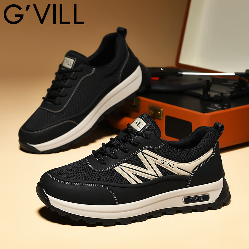 贵之步G'VILL夏季新款网面透气休闲鞋男士厚底软弹户外运动鞋潮流跑步鞋 黑色 （G1703) 42 （皮鞋码）