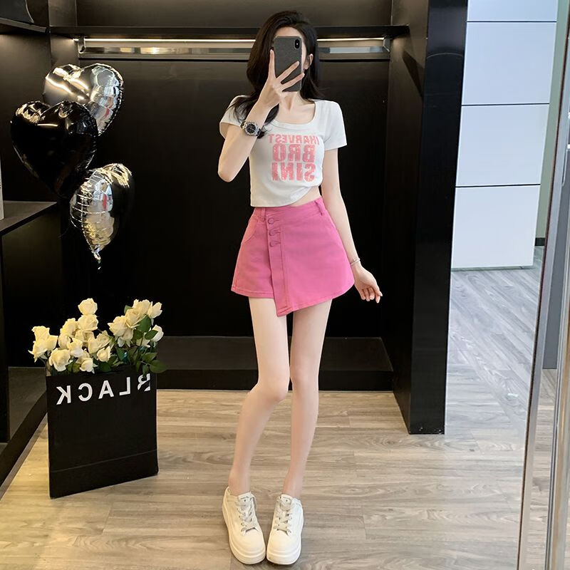 粉色排扣裝飾休閑牛仔短褲女高腰顯瘦假兩件包臀褲裙短上衣兩件套 7029白色上衣+7028玫紅牛仔裙 S