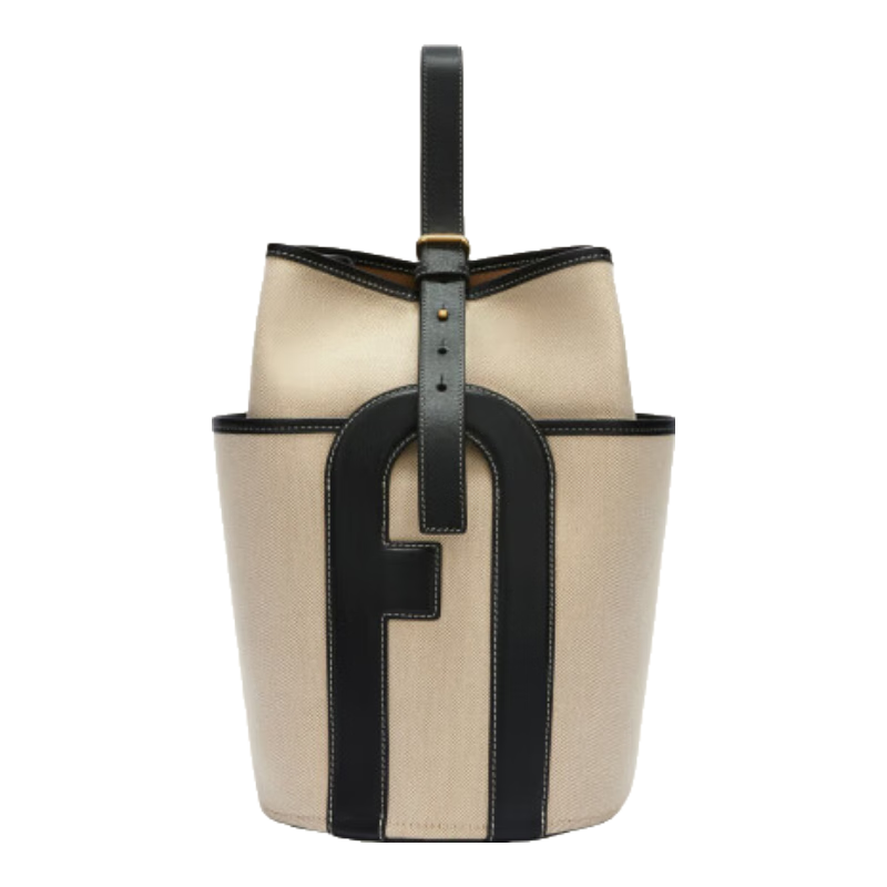芙拉（FURLA）【618】[春夏新品]LIDO女士中號拼色通勤時尚單肩包水桶包 黑色花色