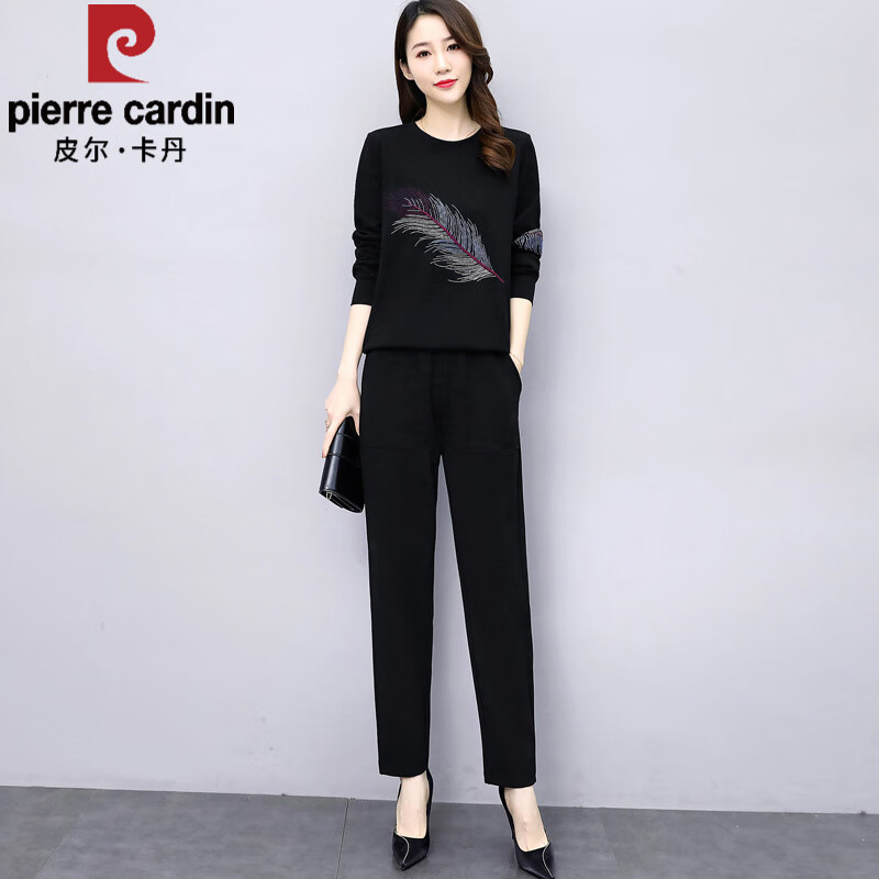 皮尔卡丹早春季穿搭一整套休闲时尚职业套装女2025年新款初春漂亮洋气减龄 黑色 2XL 141-150斤