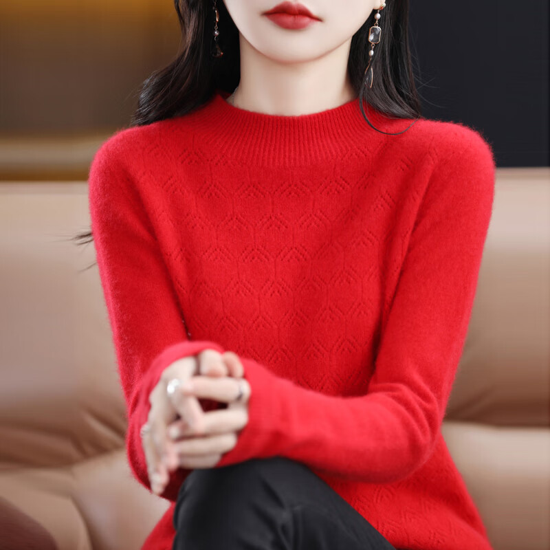 香影芬一线成衣100纯羊毛衫女士半高领镂空长袖上衣宽松百搭羊毛打底衫 白色 M (建议95-105斤)