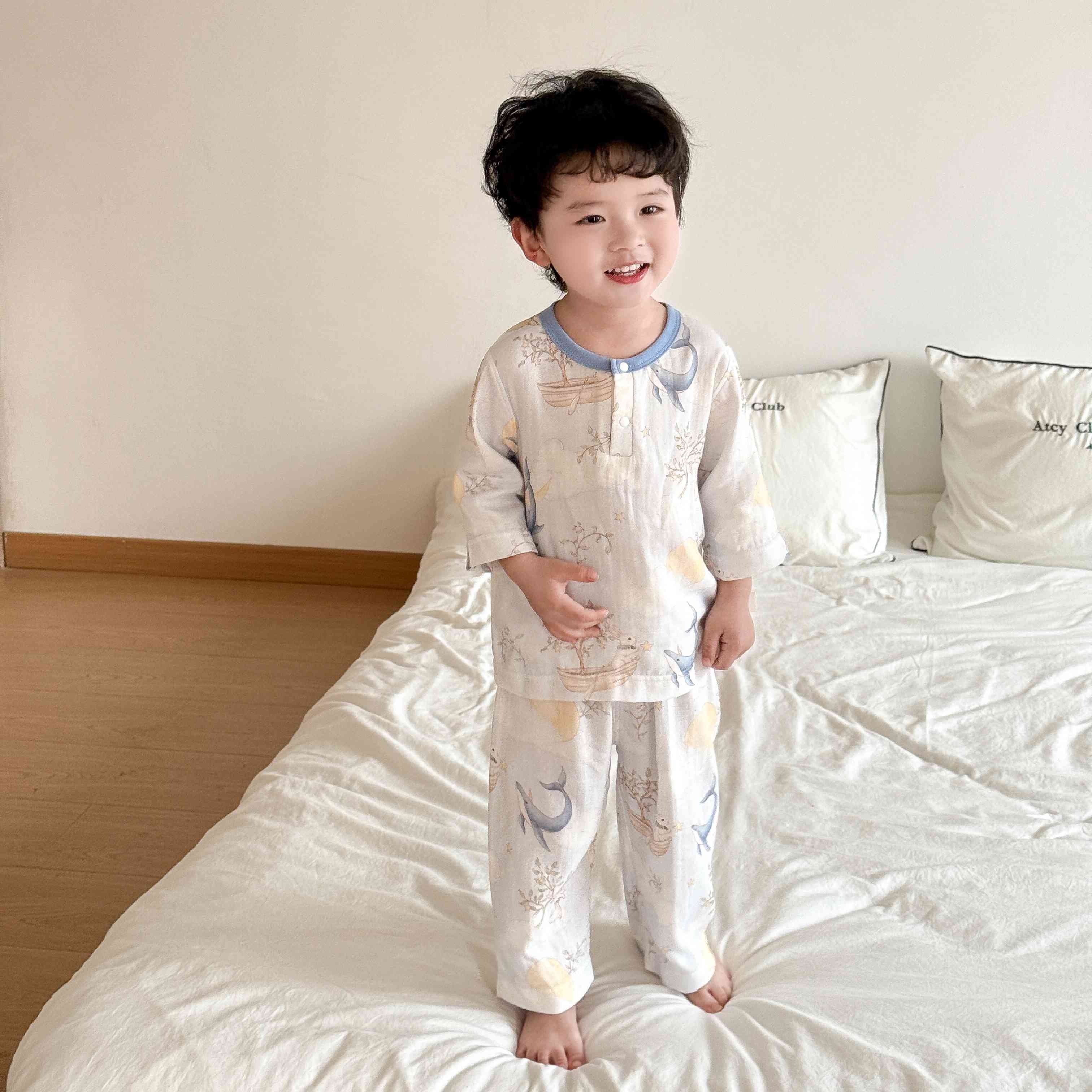 婧麒（JOYNCLEON）儿童睡衣竹棉夏季薄款衣服长袖长裤男童女童家居服套装空调服 海洋奇遇记 130 cm
