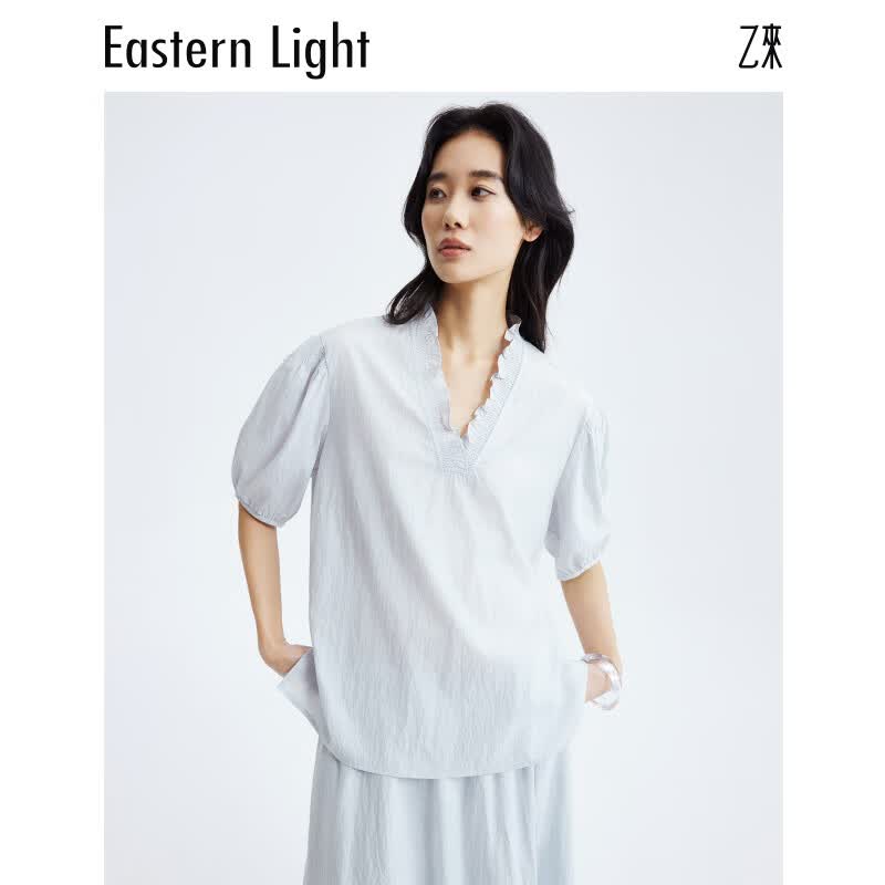 乙来(EASTERN LIGHT)2026夏季新款潮流南法拉夫领小衫衬衫连衣半身裙A字显瘦上衣气质 晨雾蓝-小衫 M