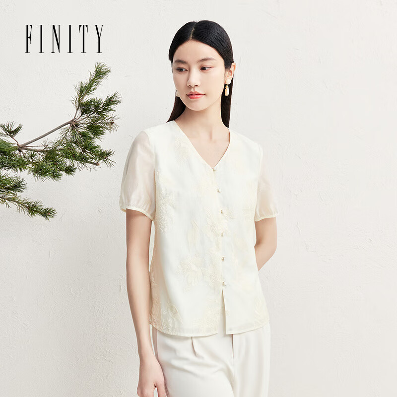 菲妮迪（FINITY）【新中式】衬衫2025夏季新款气质国风盘扣短袖上衣女 米色 S