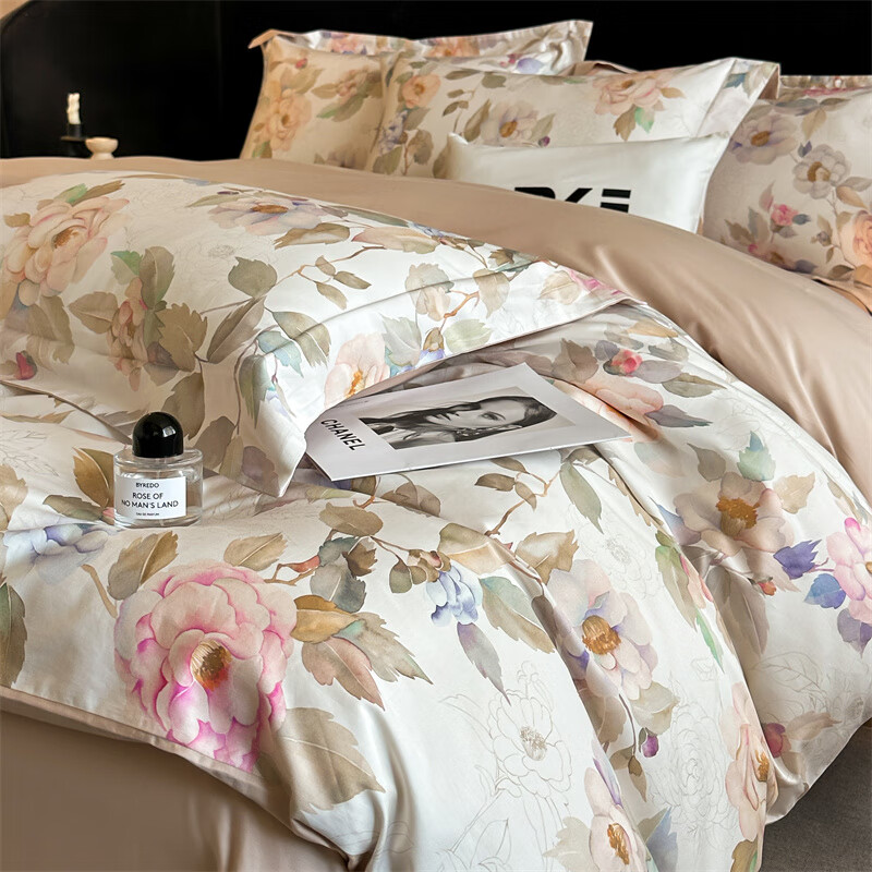 水星系列家纺美式印花长绒棉100支四件套纯棉全棉床单被套床上用品床笠款田园4 伊犁花甸 床单款 1.8M床笠四件套(200*230