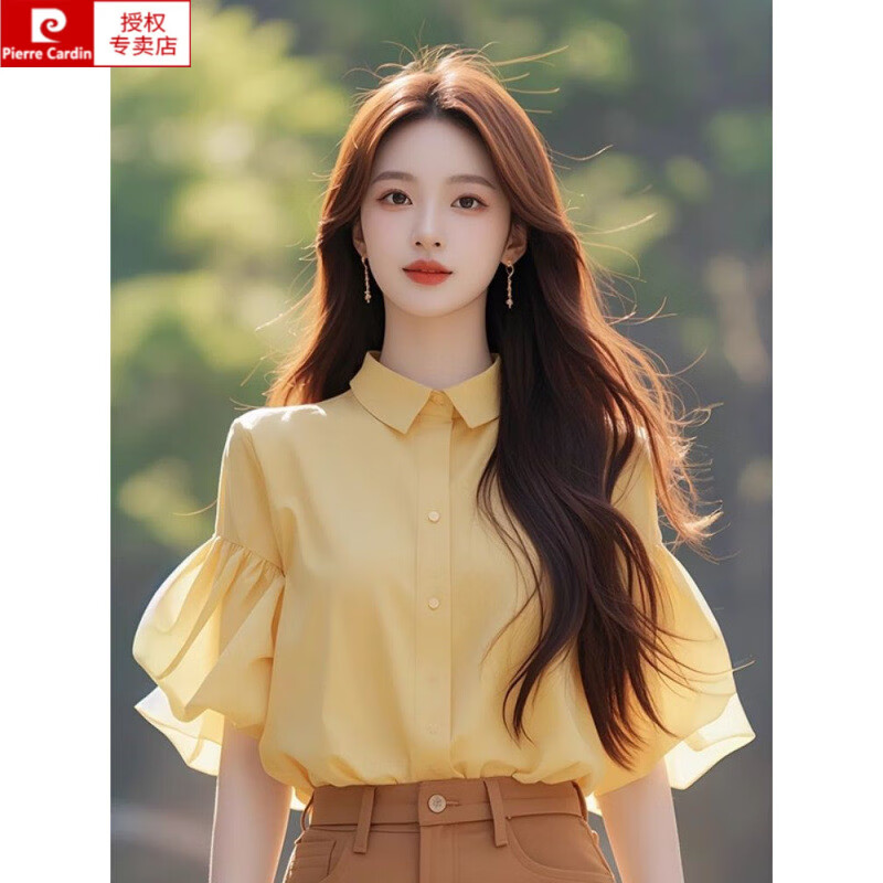 皮尔卡丹（pierre cardin）法式高级感黄色翻领衬衫女夏设计感独特漂亮小衫别致减龄半袖上衣 黄色【专柜品质 】 XL