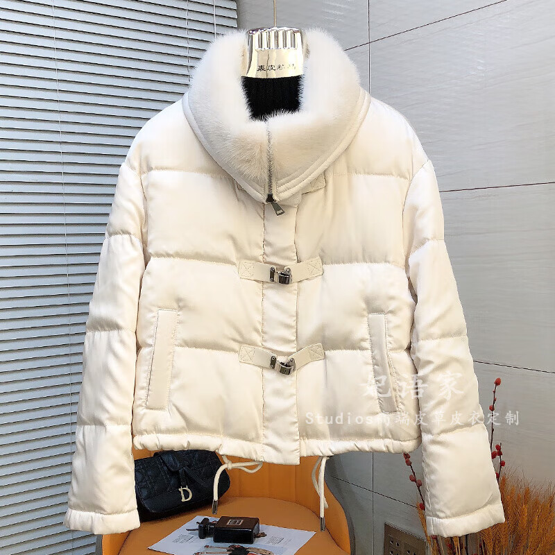 語森憶國風貂毛外套女短款冬季水領整貂皮草服裝2024新款真絲鵝絨服 米白色 S