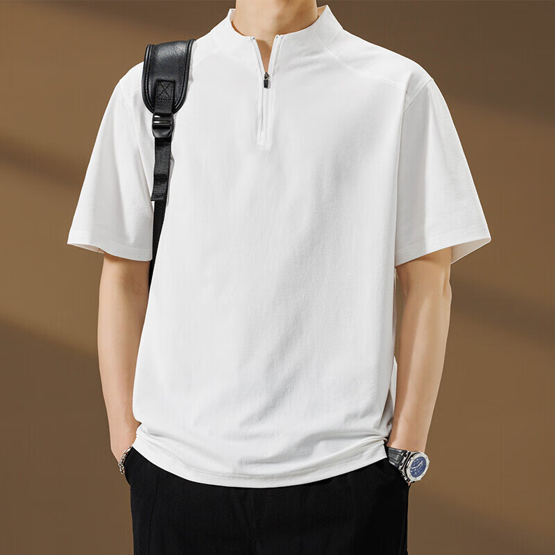 浩远青年男士立领短袖t恤男2025夏季半拉链体恤衫潮流半袖上衣男 白色