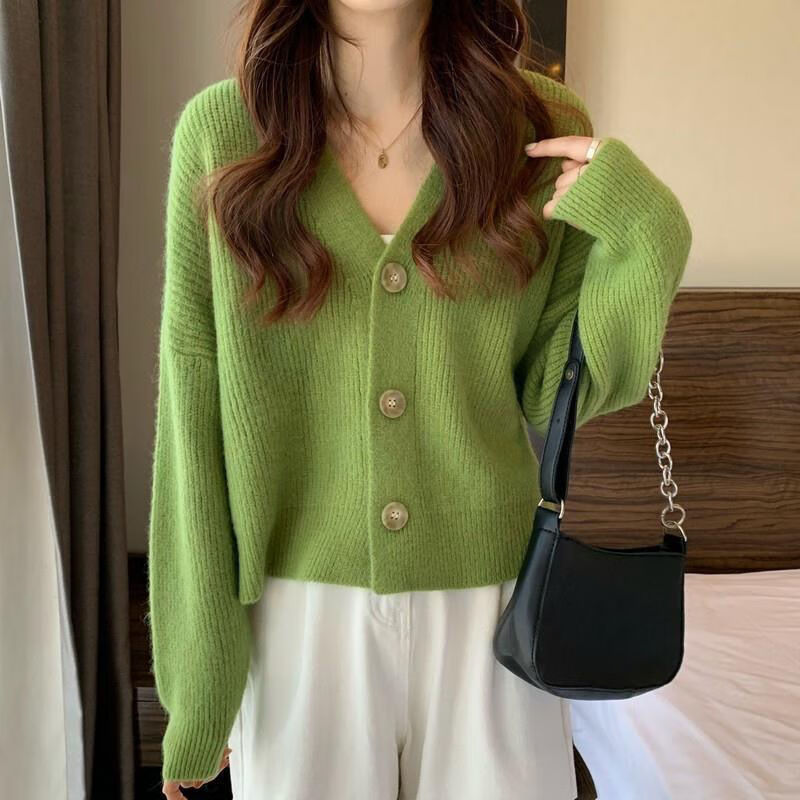 绿色针织衫女早秋针织设计感开衫女小众短款毛衣外套内搭打底衫上衣