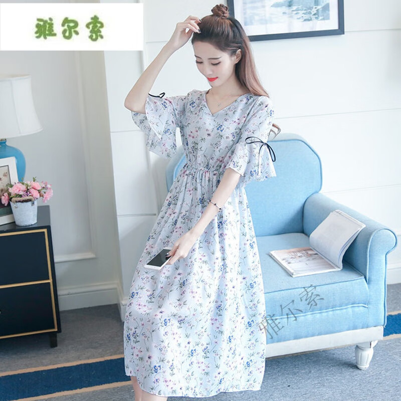 雅尔索哺乳衣外出辣妈孕妇装夏装连衣裙夏季薄款哺乳衣外出裤子碎花宽松 【孕妇版】蓝色 M