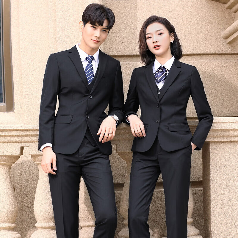 職業(yè)小西裝套裝男女兩扣西服正裝氣質(zhì)商務(wù)4s店房產(chǎn)銀行工裝工作服 (女)黑色西裝+白襯衫+褲 L