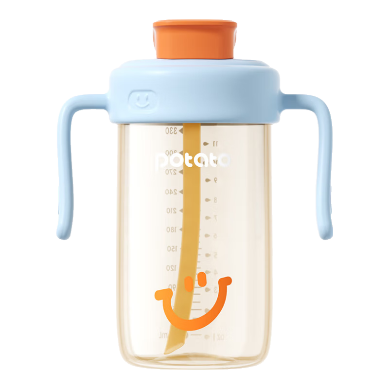 小土豆（potato）直飲吸管水杯PP大寶寶寬口徑防摔帶刻度奶瓶?jì)和?歲以上牛奶杯 藍色+吸嘴 330ml