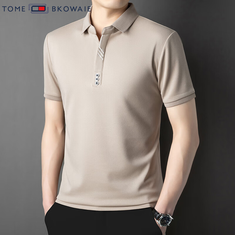 汤米芙兰可长袖t恤男2025夏季新款潮流休闲修身套头剪刀领男士上衣 米驼-短袖 XL (175)（建议140-155斤）