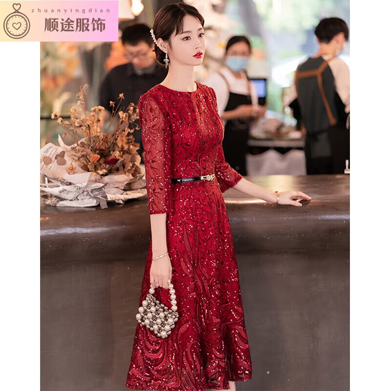 云翔四海女兒結(jié)婚媽媽婚禮上穿的衣服夏季新娘敬酒服夏季高貴婚宴禮服喜婆 酒紅色 均碼 2xl