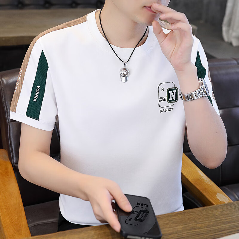 洛科驰夏季男士短袖t恤薄款透气潮牌刺绣半截袖T恤男痞帅拼色半袖 M30白色 M (建议80-100斤)
