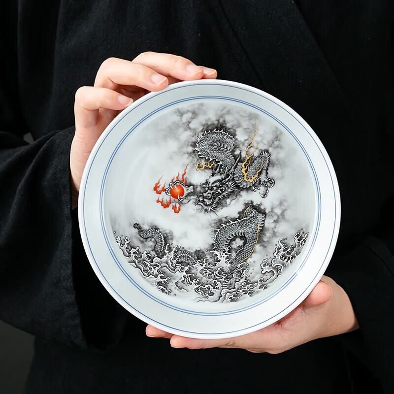 京峰阁 茶具盖碗套装 高档轻奢手工描金家用送礼整套泡茶碗茶杯泡茶器 墨龙悬停盖碗(一盖碗二杯)