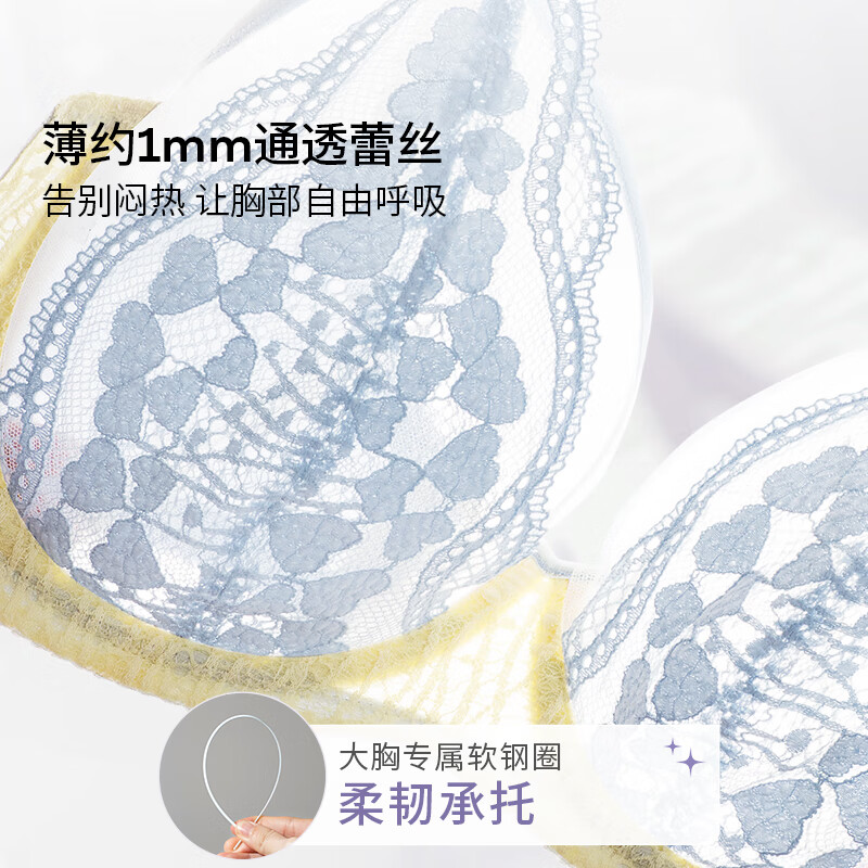 奶糖派嫣语2.0法式蕾丝兔耳全罩杯大胸显小内衣防下垂防凸点文胸送女友 法式超薄-白色 【全罩杯性感】 75C