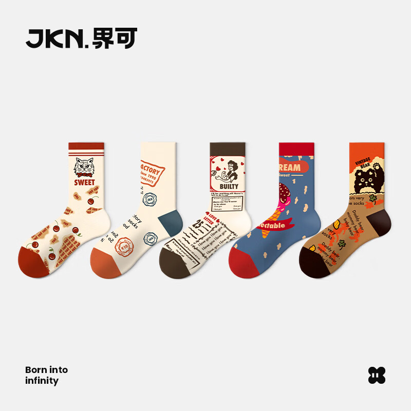 JKN油畫襪子女夏季中筒ins潮【復(fù)古文藝】法式個(gè)性外穿情侶襪男5雙裝